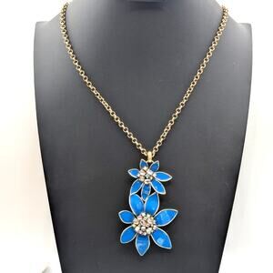 Coldwater Creek Blue Enamel AB Rhinestone Floral Antiqued Gold Chain Necklace